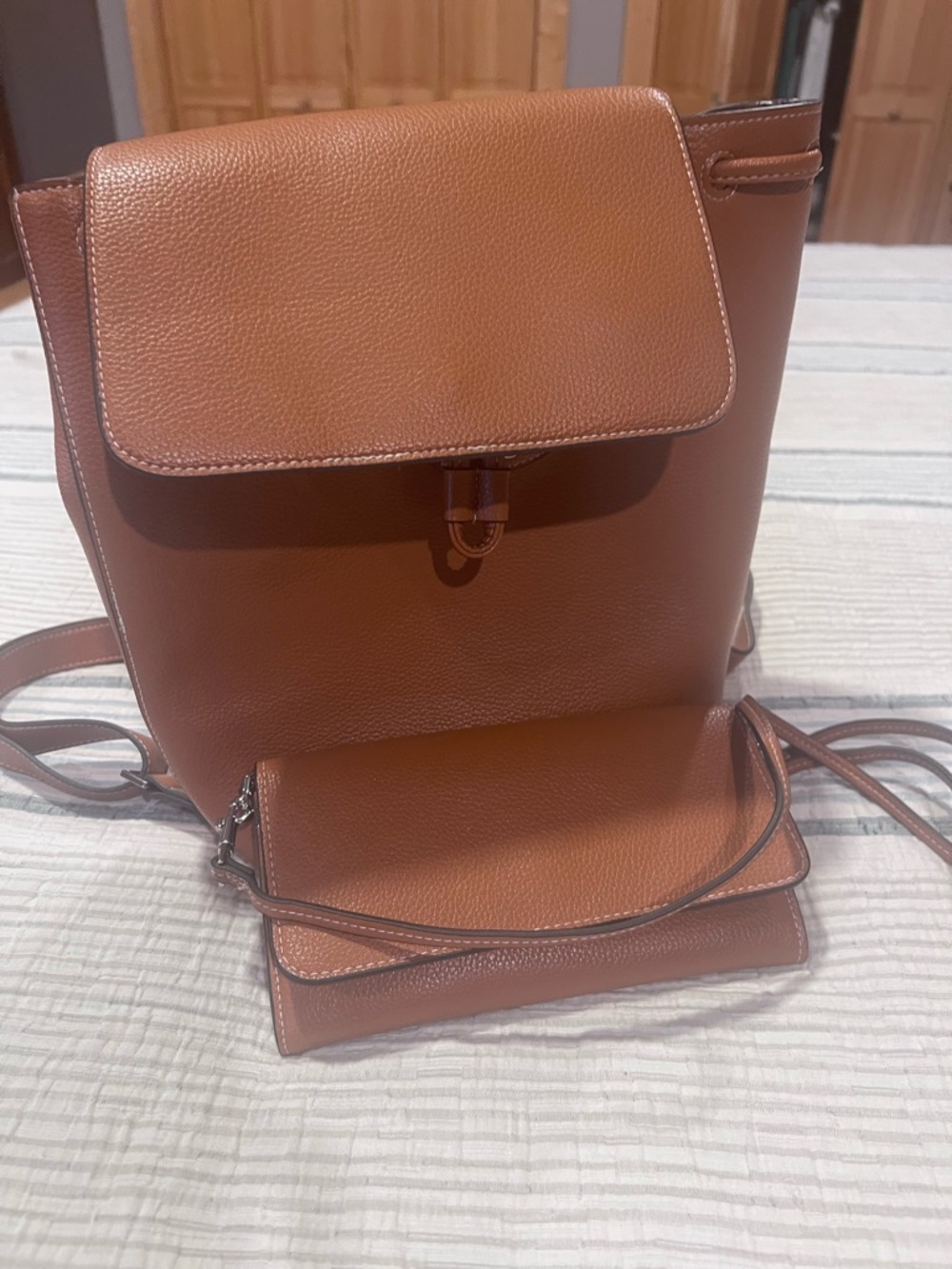 Vera Bradley Cognac Pebbled Leather Backpack with Matching Crossbody Pouch